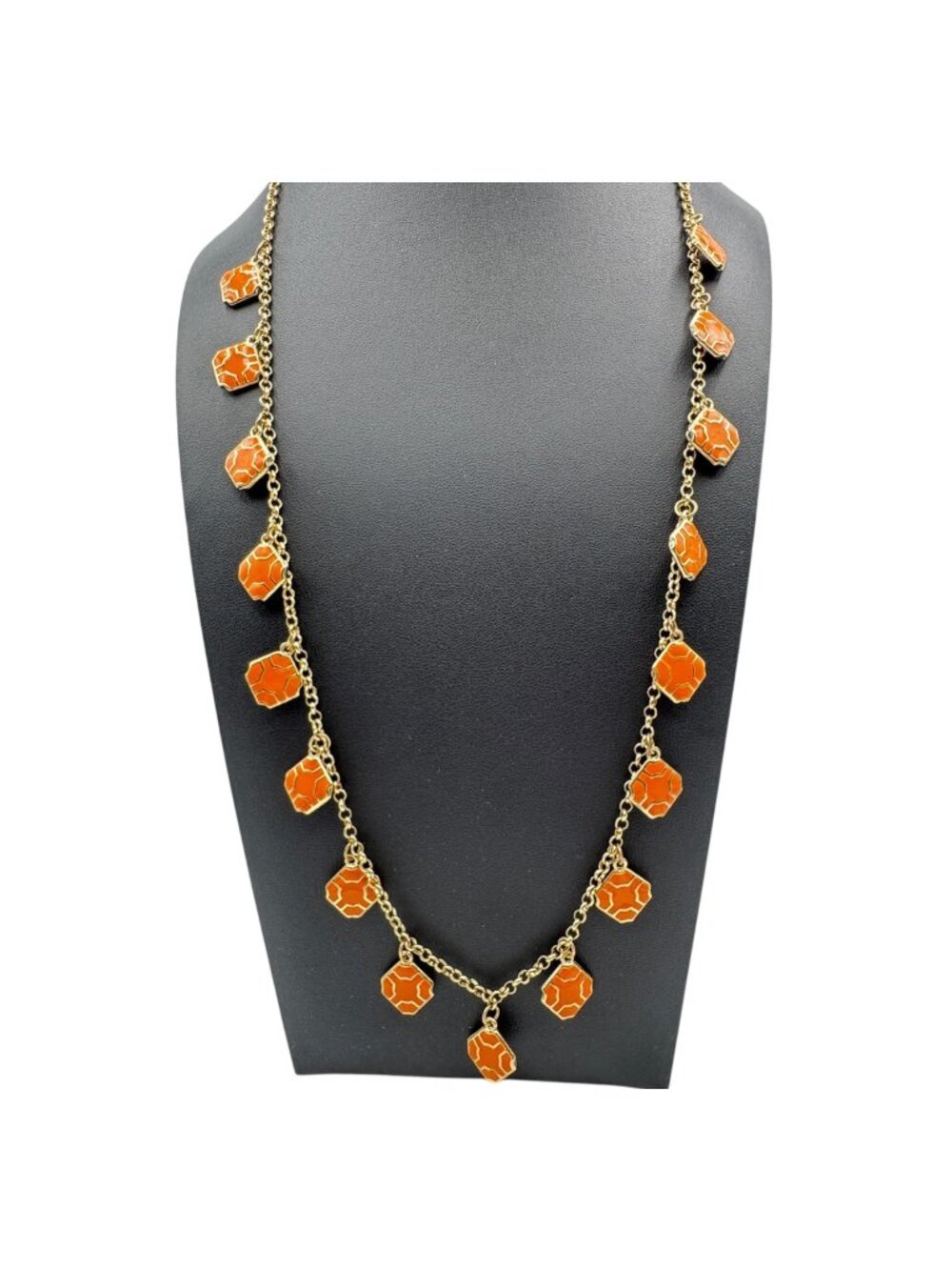 Orange Cloisonne Enamel Dangle Charm Necklace 30" Gold Tone Signed Art Deco